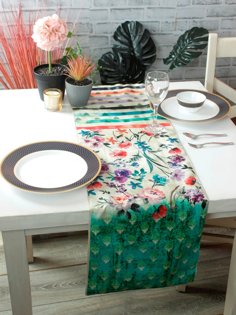 Floral Printed Table Runner Green & Cream for Home